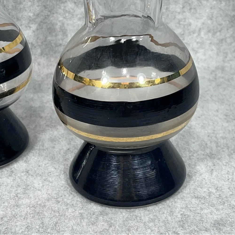 Mid Century Modern Style Vases Black Gold Painted Stripes Ruffled‎ Edge Opening